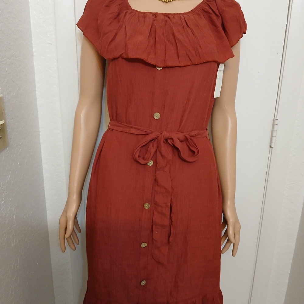 Chic Terracotta Button-Front Midi Dress